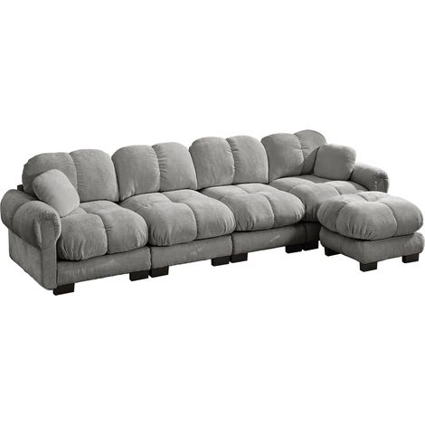 Divano angolare modulare a L 4 posti in ciniglia grigio chiaro con chaise longue mobile (1/5)