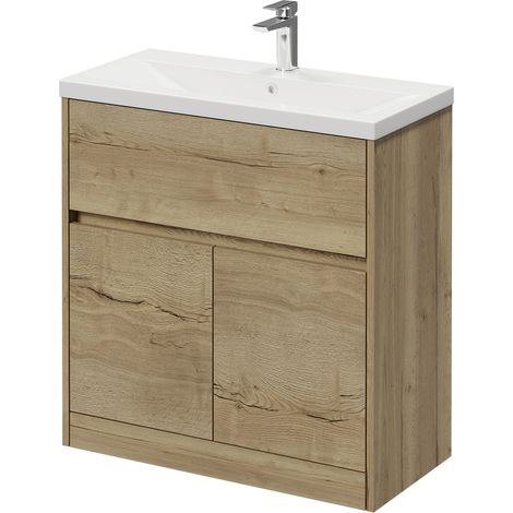 Montego Autumn Oak 800mm 1 Drawer 2 Doors Vanity Unit with Glide Basin