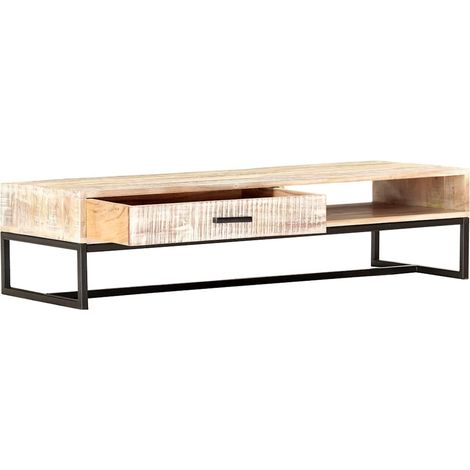 Table basse de salon en bois d'acacia massif avec tiroir et pieds acier Blanc 117x50x30 cm (1/5)