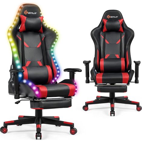 Goplus – Chaise gaming ergonomique avec dossier inclinable 90-155° – Hauteur réglable – Repose-pieds rétractable – Effet lumineux 7 couleurs