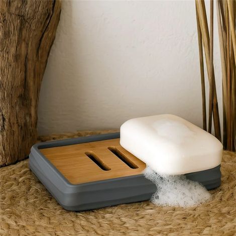 Exagonshop Portasapone in plastica ABS e bamboo grigio Alabama