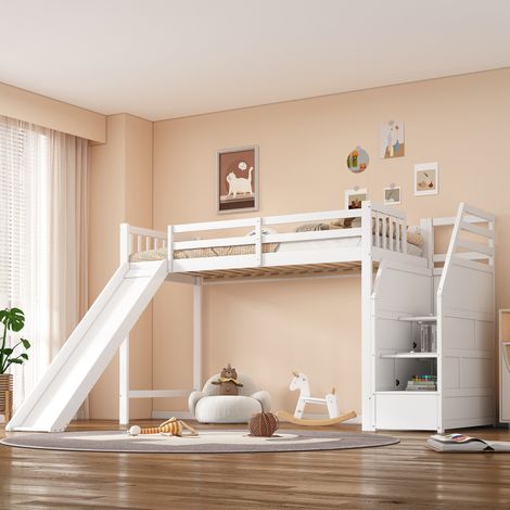 Kinder-Hochbett 90 x 200 cm mit Rutsche, Stauraumtreppe, Weiß HAVRYA (1/5)