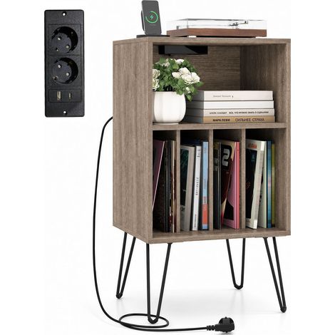 COSTWAY Meuble Tourne-Disque Vinyle avec Prise (Gris chêne)