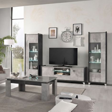 Salon table basse 2 vitrines meuble TV aspect béton ciré 2 tons - HAMPTON (1/5)