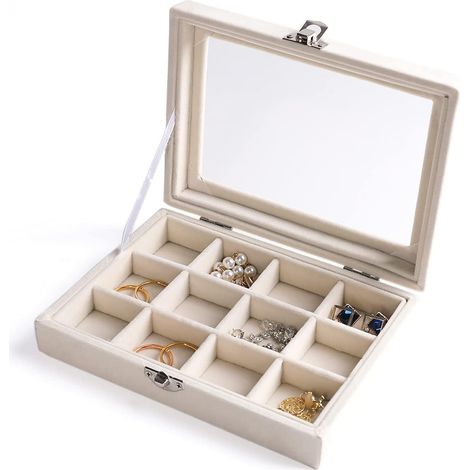Anneaux/Boucle D’oreille Organisateur Plateau avec Couvercle Transparent Velours Tiroir Insert (beige, 12 grilles) (1/5)