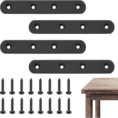 Lot de 4 connecteurs plats noirs en acier inoxydable - Plaque perforée en métal - Connecteur plat robuste en métal avec vis pour meubles, étagères et bois (125 x 20 x 3 (1/5)