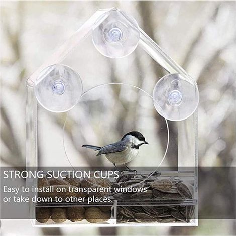 Window Mount Suction Cup Bird Feeder, Cabin Shape 15×6×15cm  Transparent View Wild Bird Feeder (1/4)