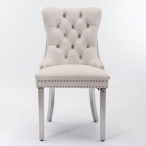 Collection Nickel : 2 chaises de salle à manger haut de gamme velours,bois massif touffé,pieds inox chromé,cloutées,beige et chrome.