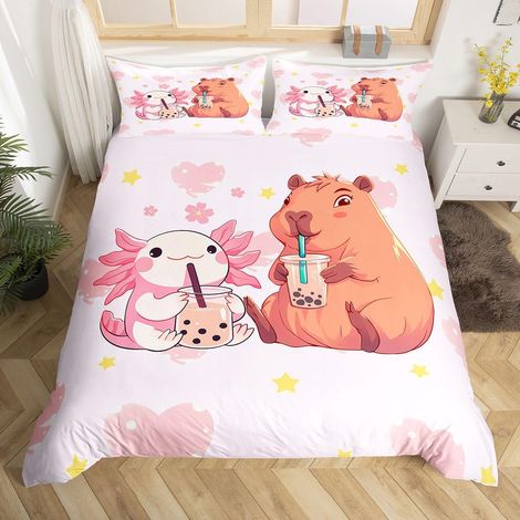 Housse de Couette 2 Personnes Capybara 220x240 - Parure de Lit Axolotl Kawaii pour Enfant Ado Fille - Sets de Housses de Couettes Fleurs de Cerisier Roses - Couvre Lit Animaux Mignons (1/5)
