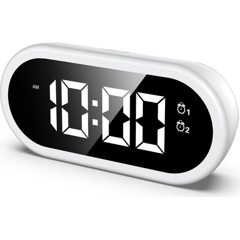 Réveil numérique LED amélioré, horloge de chevet miroir avec 8 sonneries au choix, port de chargement USB, variateur de luminosité 0-100 %, pile intégrée, horloge compacte pour chambre à coucher
