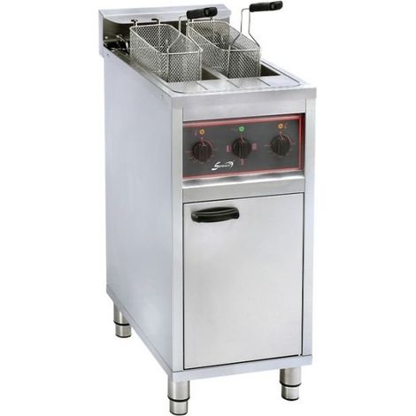 Friteuse inox électrique double haut rendement 2 x 10 Litres, sur coffre 1 porte battante, 12000 W, 400 V - TRI