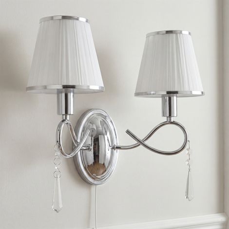 Wandleuchte Stoff Metall E14 B: 36.5 cm Wandlampe mit Schalter Chrom Weiß 2-flammig