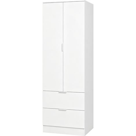 Armoire Chambre Penderie avec 2 Tiroirs, 2 Portes à Fermeture Douce et Barre de Suspension, 60 x 47 x 180 cm, Blanc (1/5)