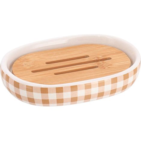 Porte savon dolomite/bambou facon vichy - ocre - Tendance (1/2)
