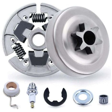 Kit pignon et embrayage 3/8" pour STIHL 017 018 MS170 MS180 021 023 025 MS210 MS230 MS250, XU, Pignon + tambour d'embrayage + roulement + rondelle + pince E + bougie d'allumage 7 en 1 - (1/4)