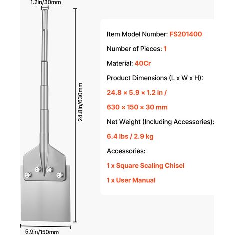 Grattoir de Sol SDS Max, Burin Plat 630x150 mm, Accessoire Compatible avec Marteau Perforateur, Burin à Spatule en Acier Allié 40Cr Trempé, pour Enlever Carrelage, Mortier et Revêtements de Sol (1/5)