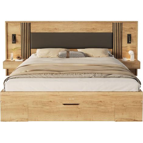 Lit Double en Bois 160x200 cm avec 2 Tiroirs, Lampe de Lecture Orientable, 2 Tables de Nuit, Sommier à Lattes et Rangement Intégré – Idéal pour Chambre Adulte, Studio et Petit Appartement (1/5)