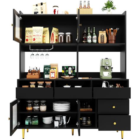 Credenza da Cucina 145x39x171 cm, 3 Armadietti 2 Ripiano Aperto e 5 Cassetti, Ante Vetro Perforato, MDF, Nero, per Sala da Pranzo
