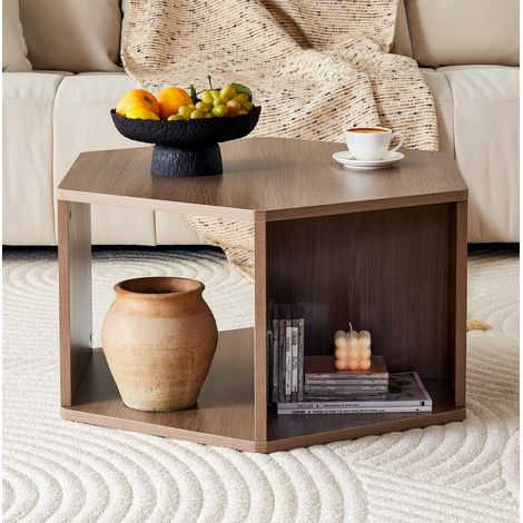 Mesa de centro hexagonal 79x69.4x40 cm marrón MDF con patas cilíndricas y montaje fácil (1/5)