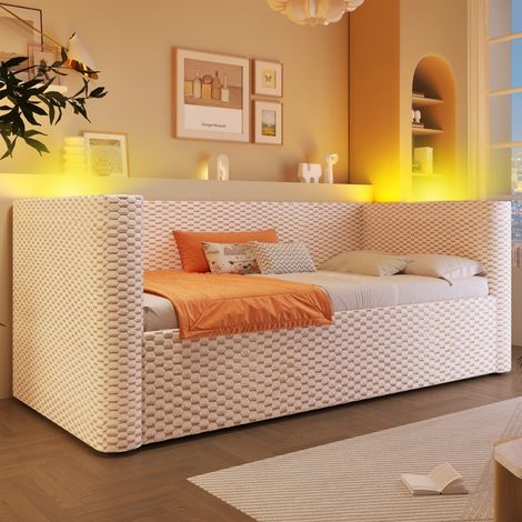 Lit canapé avec éclairage LED-hydraulique-lit de jour-velours-beige-228x104x64cm-Sans Matelas (1/5)