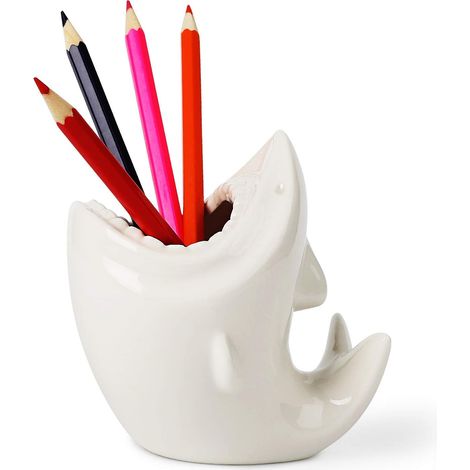 Porte-Stylo Forme De Requin - Pot En Céramique Blanche - Pour Bureau Maison École - 1 Pièce (1/5)