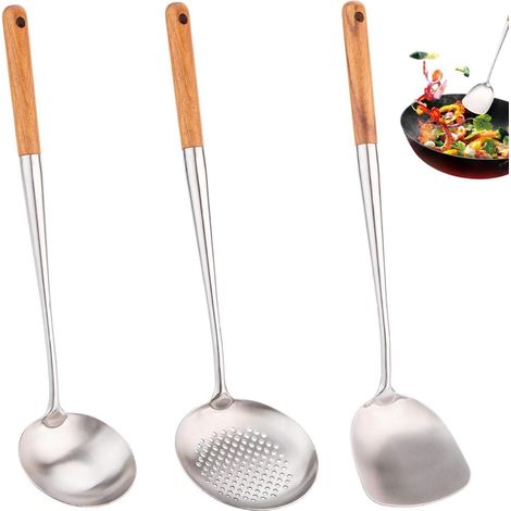 Ensemble de 3 spatules et cuillères pour wok en acier inoxydable avec finition brossée lisse et manches en bois pour cuisson argenté (1/5)