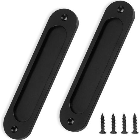 pair Lot de 2 poignées de porte de grange - Noir mat - 15,2 cm - Rondes - Plaque plate encastrée - Poignées de porte coulissantes - Poignée en aluminium pour placards et tiroirs (1/5)