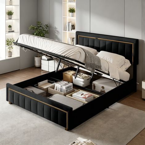 Lit coffre 140x190,lit 140x190 avec sommier à lattes,garniture dorée,lit double capitonné,lit adulte,lit 2 personnes,tissu en velours,Noir (1/5)