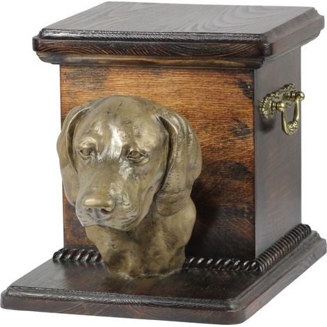 Urne funéraire pour chien de race Weimaraner avec statuette, une urne élégante et unique ornée d'un buste de chien, signée Art-Dog. (1/5)
