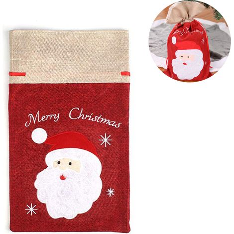 Sac Cadeau De Noël - En Lin - 55 x 32 cm - Motif Père Noël Ou Bonhomme De Neige - Rouge - 1 Pièce (1/5)