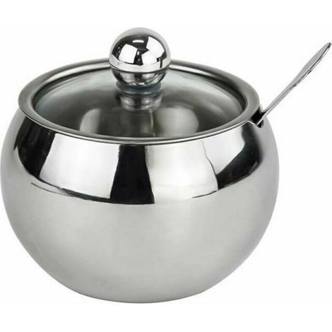 Sucrier en acier inoxydable avec couvercle en verre transparent et cuillère, pot à épices pour thé salé et sucre