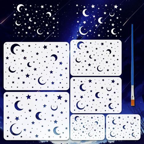 6Pcs Pochoirs Étoiles et Lune Avec Pinceau 3 Tailles Pochoirs Plastique Étoiles Scintillantes Éclatantes Pochoir Lune Étoile Scintillantes pour Tissu Murs Papier Meubles Décor Maison (1/5)