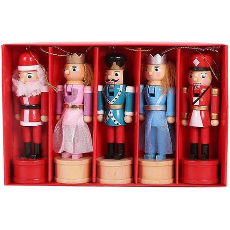 5-teiliges Nussknacker-Ornament-Set (12,5 cm) aus Holz, Walnüsse, Soldaten, Puppenanhänger, Weihnachtsbaumschmuck