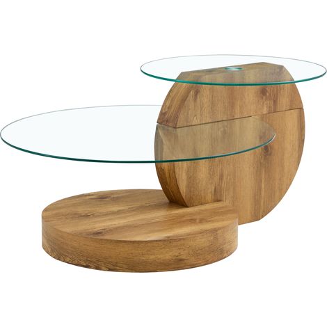 Mesa de centro moderna de vidrio templado con estructura de MDF y efecto madera HOMVRA (1/5)