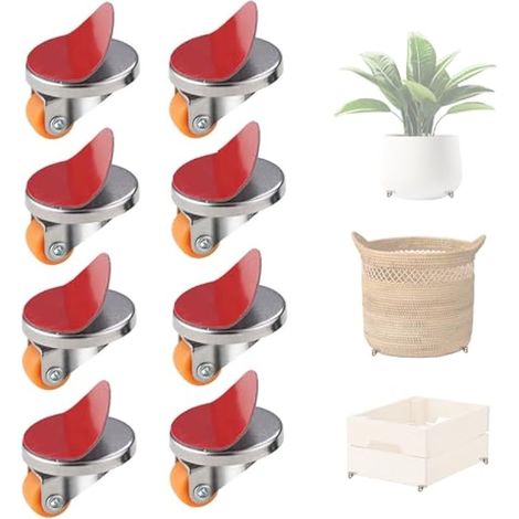 Roulettes pivotantes auto-adhésives pour meubles, lot de 8, rotation à 360°, plaque en acier inoxydable, pour poubelles, casiers, tables de chevet, petits réfrigérateurs (1/5)