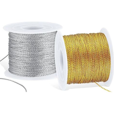 2 Rouleaux Fil d'or Métallique Cordon 100m, Ficelle Dorée, Tressé 1mm, à Broder en Polyester pour Papier Cadeau Décoration Artisanat DIY (Or, Argent), Argent, Or, (1/4)