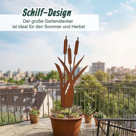Relaxdays Gartenstecker Schilfrohr, Rost, Metall, HxB: 75 x 35 cm, Gartendeko, große Metallstecker für draußen, braun