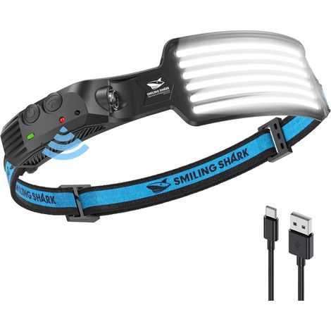 Lampe Frontale LED, Angle Large 6LED Bandes Super Lumineuses Blanche Headlamp Rechargeable Capteur de Motion Étanche Camping Randonnée (1/5)