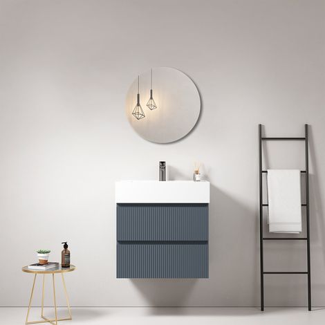 Mobile bagno sospeso cannettato 60 cm Blu Mare Lavabo in Resina Specchio Tondo - Fiji Paint