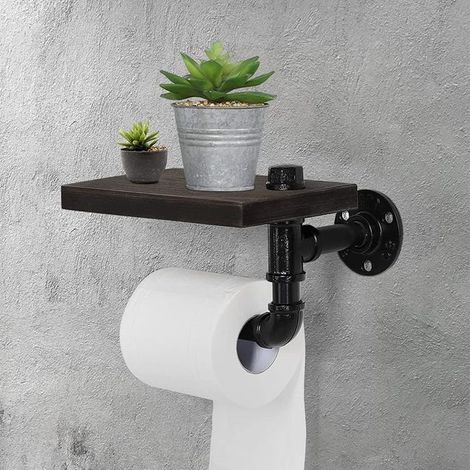 Toilettenpapierhalter mit Ablage, Toilettenpapierhalter aus Holz, an der Wand montierter Papierrollenspender (schwarz)