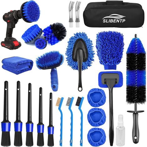 26Pcs Lot de Brosse Nettoyage Voiture,Pinceau Detailing Auto,kit de détail de voiture,Kit de Brosse Nettoyage Voiture Interieur Exterieur,Brosse Nettoyage Perceuse Électrique,Brosse de Jante Voiture (1/5)
