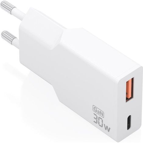 AISENS Cargador Ultra Delgado GAN 30 W, 1 x USB-C PD3.0 QC4.0, 1 x USB-A QC3.0, Blanco