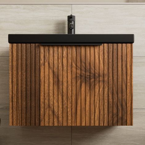 Fluted 600mm Bathroom Vanity Unit Basin Wall Hung Cupboard Soft Close Walnut (1/5)