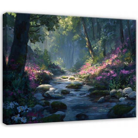 Peinture fort rivire arbres paysage pour chambre salon sur toile 120x80 (1/3)