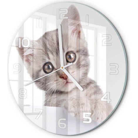 Horloge Murale Ronde Facile à Lire en Verre Silencieuse Salon Cuisine Bureau Chat gris fi 30 cm (1/5)