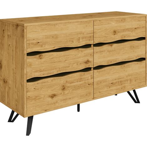 Cassettiera 120x40x75.5 cm, Moderna, con 6 Cassetti a Effetto Legno, Gambe Metallo, Naturale, per Soggiorno e Sala da Pranzo (1/4)