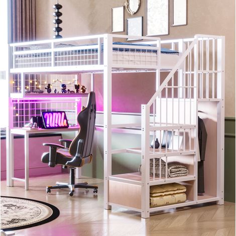 Letto a soppalco in metallo e MDF bianco 90x200 cm con scrivania, scaffali, luce LED, prese e scala contenitore (1/5)