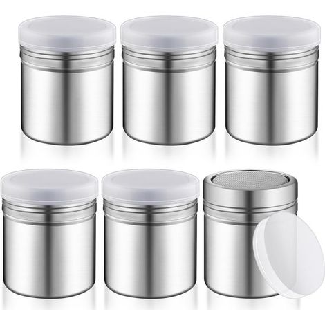Paquete de 6 vasos saleros de acero inoxidable con malla fina, perfectos para canela, sal, pimienta y más (1/5)