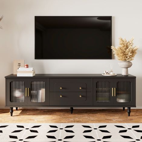 TV-Schrank im Vintage-Stil, Fernsehschrank mit 2 Schubladen + 2 großen Ablagefächern, Glastür, 177 x 38 x 53 cm, Schwarz