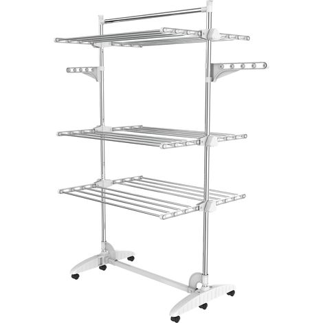 Todeco – Etendoir à linge 3 étagères – Tubes en acier inoxydable – Charge max 3 kg par barre – Dimensions déployé 87,9 x 66 x 145 cm